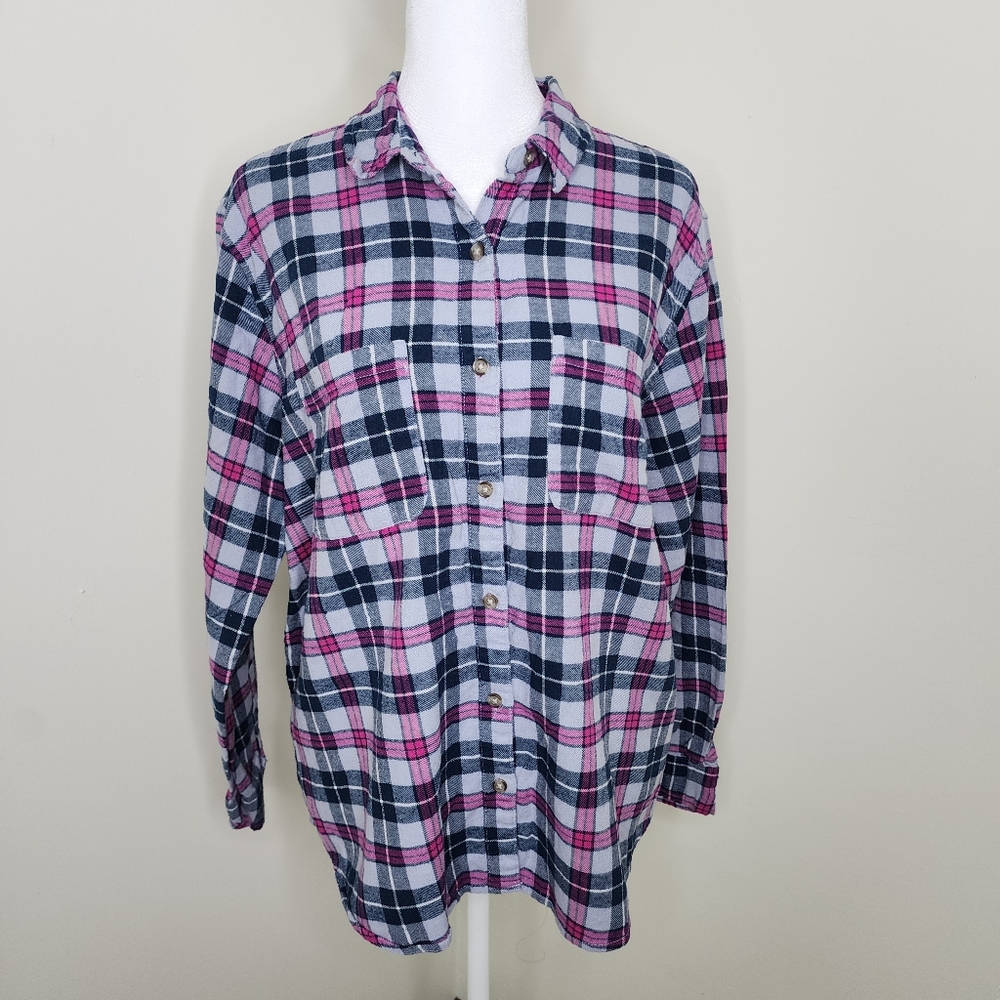 Womens Universal Threads Pink And Blue Plaid Button Up Flannel Shirt Med